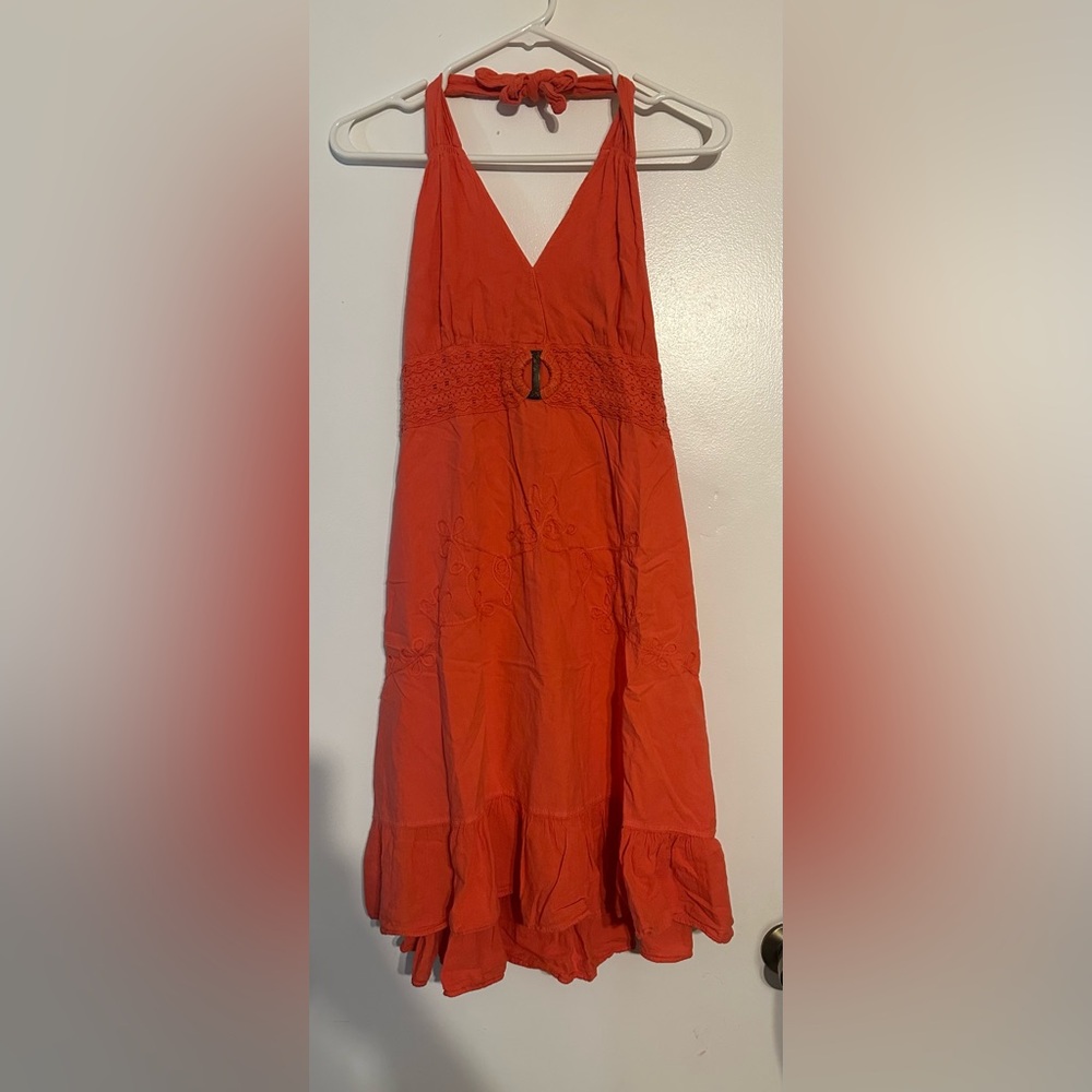 Elegant Coral Embroidered Halter Dress